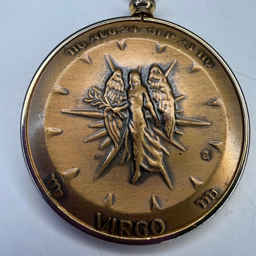 Vintage Virgo Zodiac Medallion Necklace Bronze Celestial Solar System Map 24"